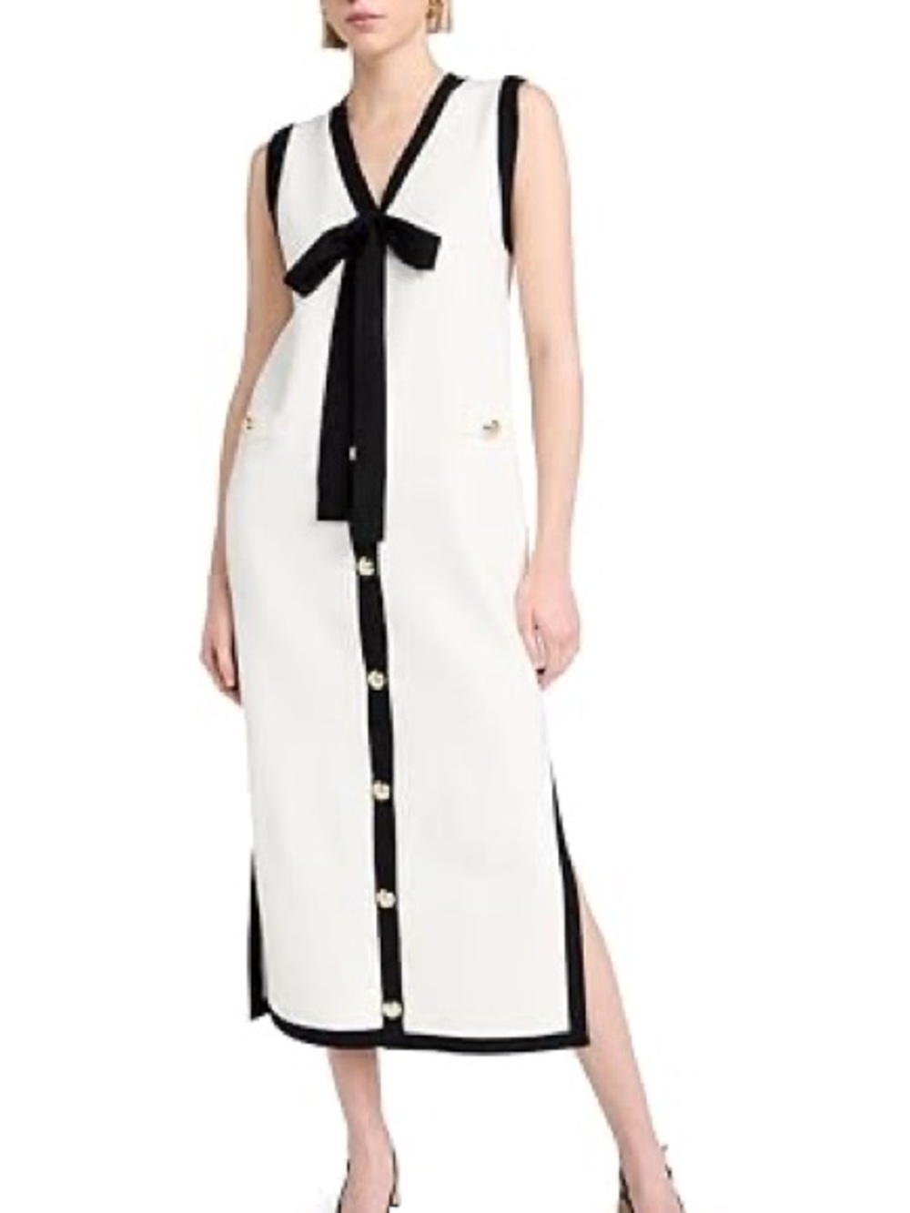 English Factory White Midi Dress with Black Trim and Bow
